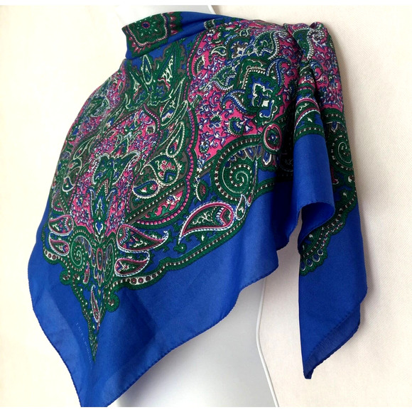 Laura Borghese Italy Designer Colorful Paisley Square Scarf Blue Green Pink Vtg - Picture 6 of 9